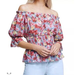 L'AGENCE Floral Off-the-Shoulder Smocked Peplum Top in Pink, Blue, Yellow